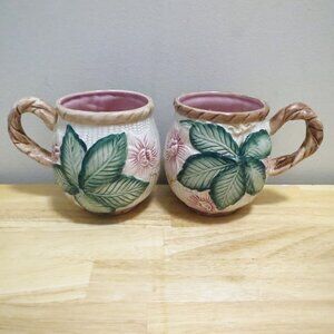 Fitz & Floyd Two Coffee Mugs Embossed 4"H Floral & Basketweave 1989